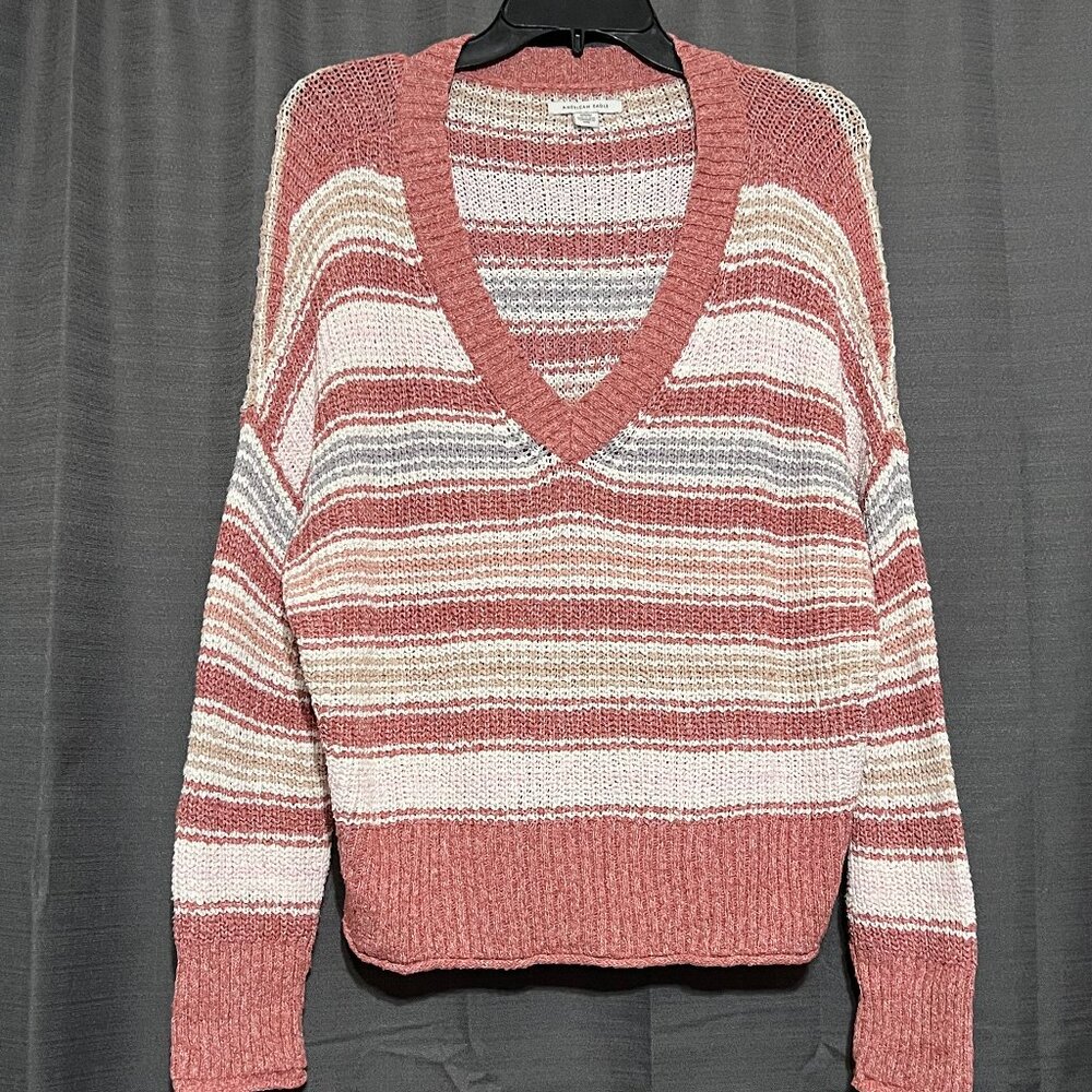 American Eagle Sweater.  Pink, gray, white and gold stripes.